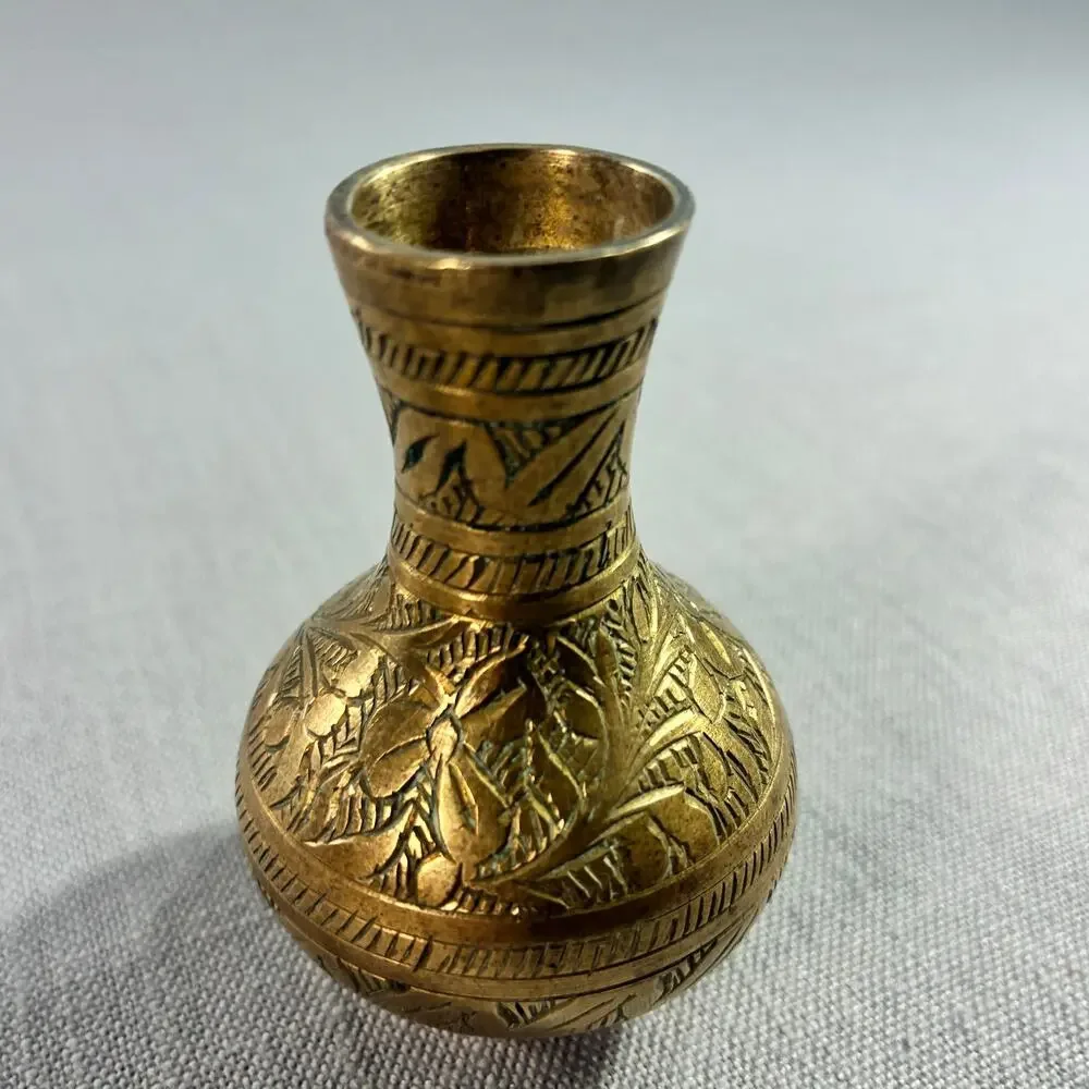 Vintage India Solid Brass Mini Candlestick Holder Hand Etched Floral 3